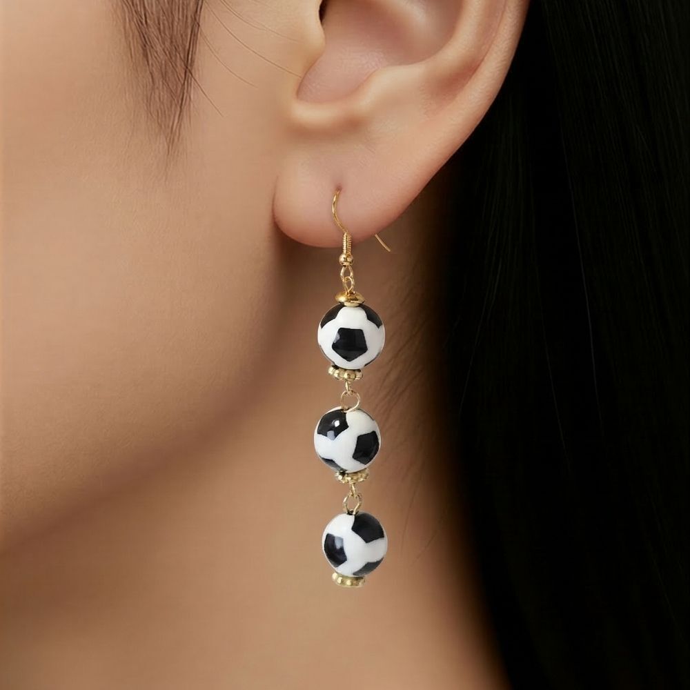 Triple Soccer Ball Dangle Earrings Black White Sports Fan Team Spirit Jewelry